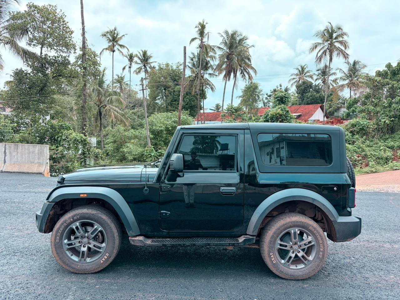 Mahindra Thar side view with palm trees