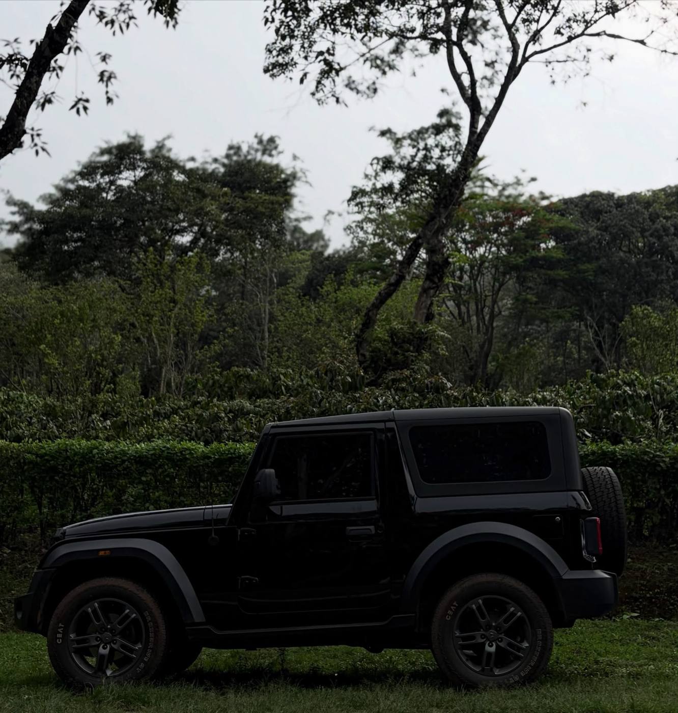 Mahindra Thar parked by the field
